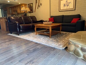 Smart TV, caminetto, lettore DVD, libri