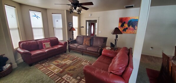 Smart-tv, eldstad, dvd-spelare och böcker