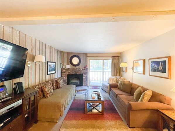 TV, fireplace, foosball