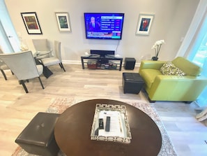 Smart TV, music library, stereo