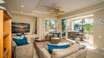 Smart TV, DVD player, books, music library