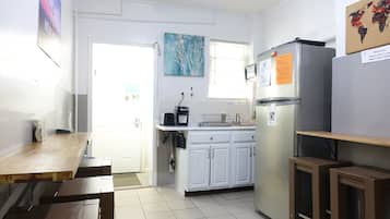 Fridge, microwave, coffee/tea maker, toaster