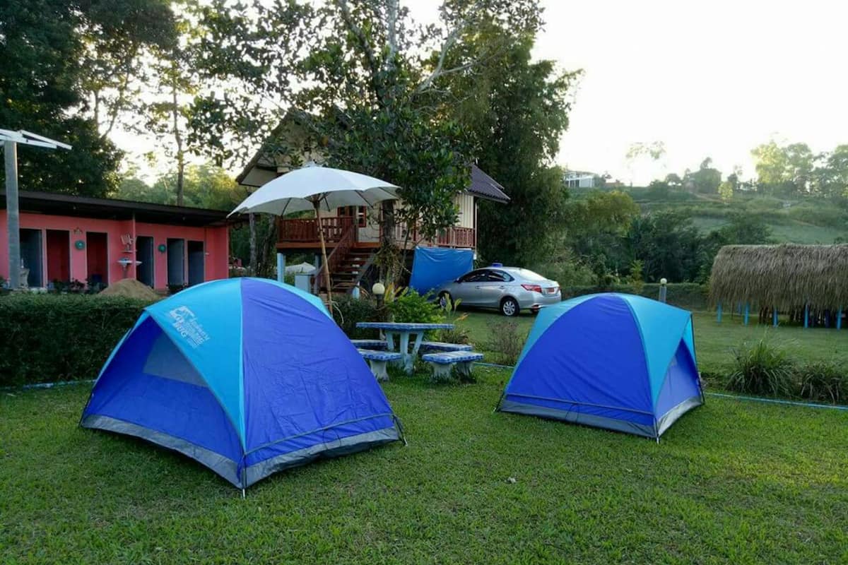 Deux tentes sont installées dans une zone herbeuse, avec un bâtiment et une voiture en arrière-plan.