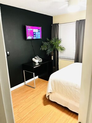 2 bedrooms, memory-foam beds, desk, iron/ironing board