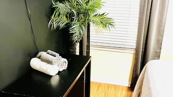 2 bedrooms, memory foam beds, desk, iron/ironing board