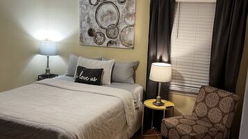 2 bedrooms, memory foam beds, desk, iron/ironing board