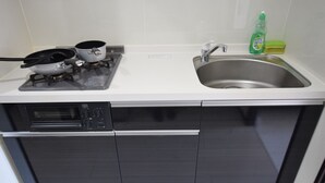 A compact kitchen with a built-in stove, a sink, and a dishwasher. - MT House Bentencho (Osaka)