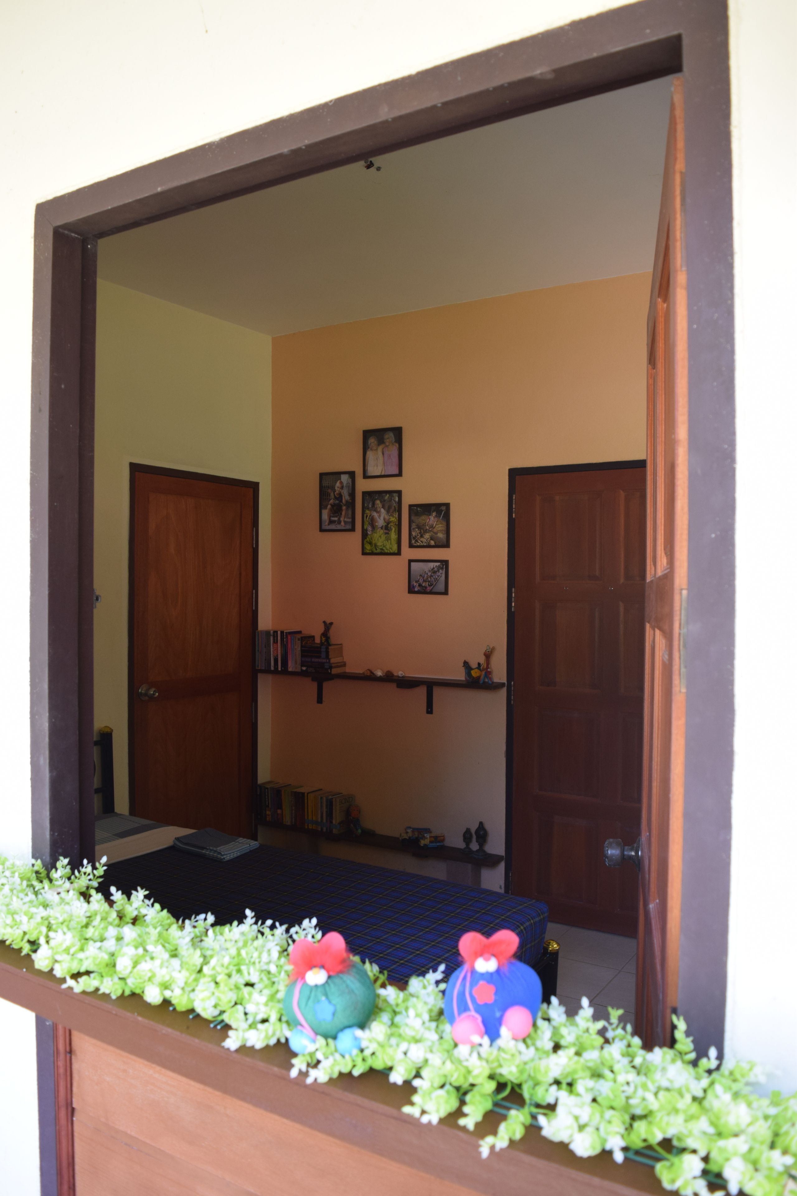 A room with a wooden door, a blue bed, a shelf with books and decorative items, and a small plant arrangement.