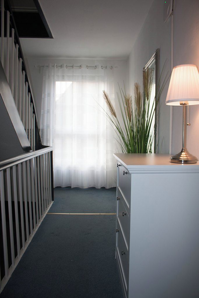 A hallway with a staircase, a white dresser with drawers, a lamp, and a large plant.