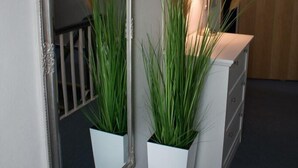 Un passadís amb un mirall gran, dos macets blancs amb plantes verdes altes, un armari blanc i una làmpada penjada a la paret.