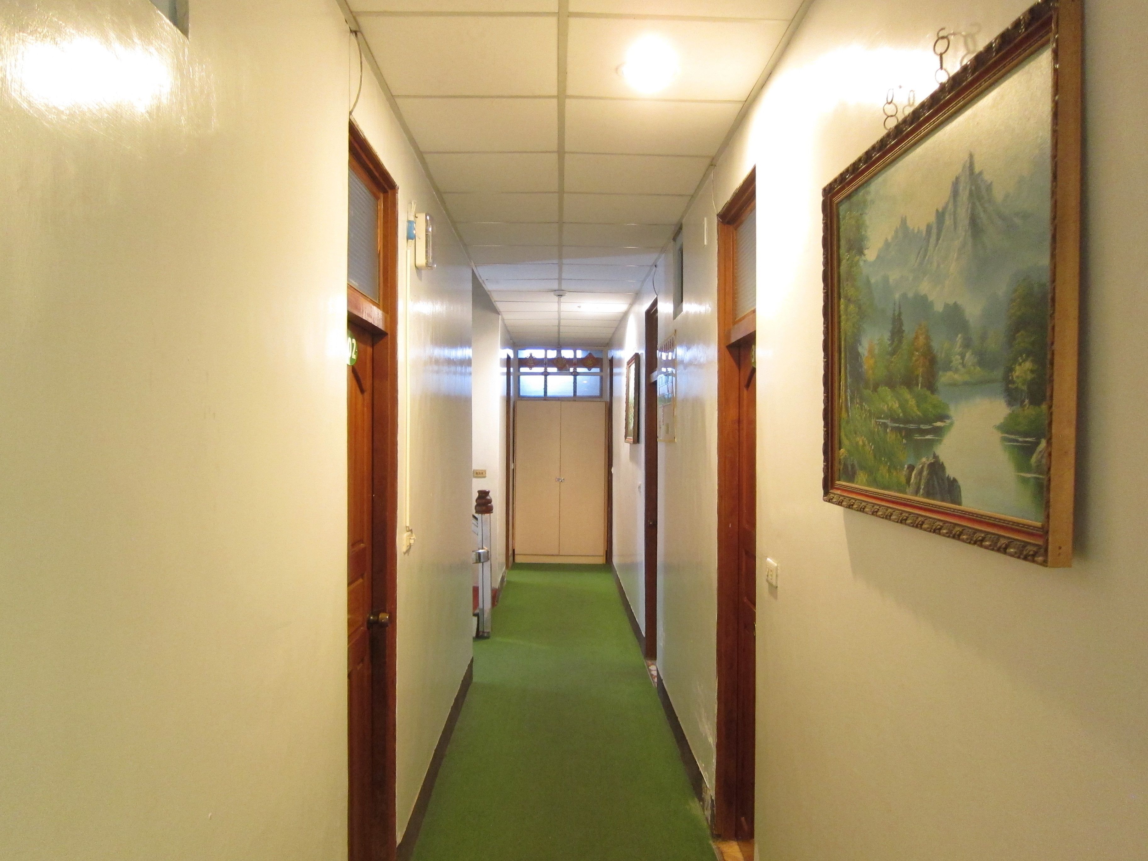 A hotel hallway with green carpet, wooden doors, and a framed landscape painting on the wall.