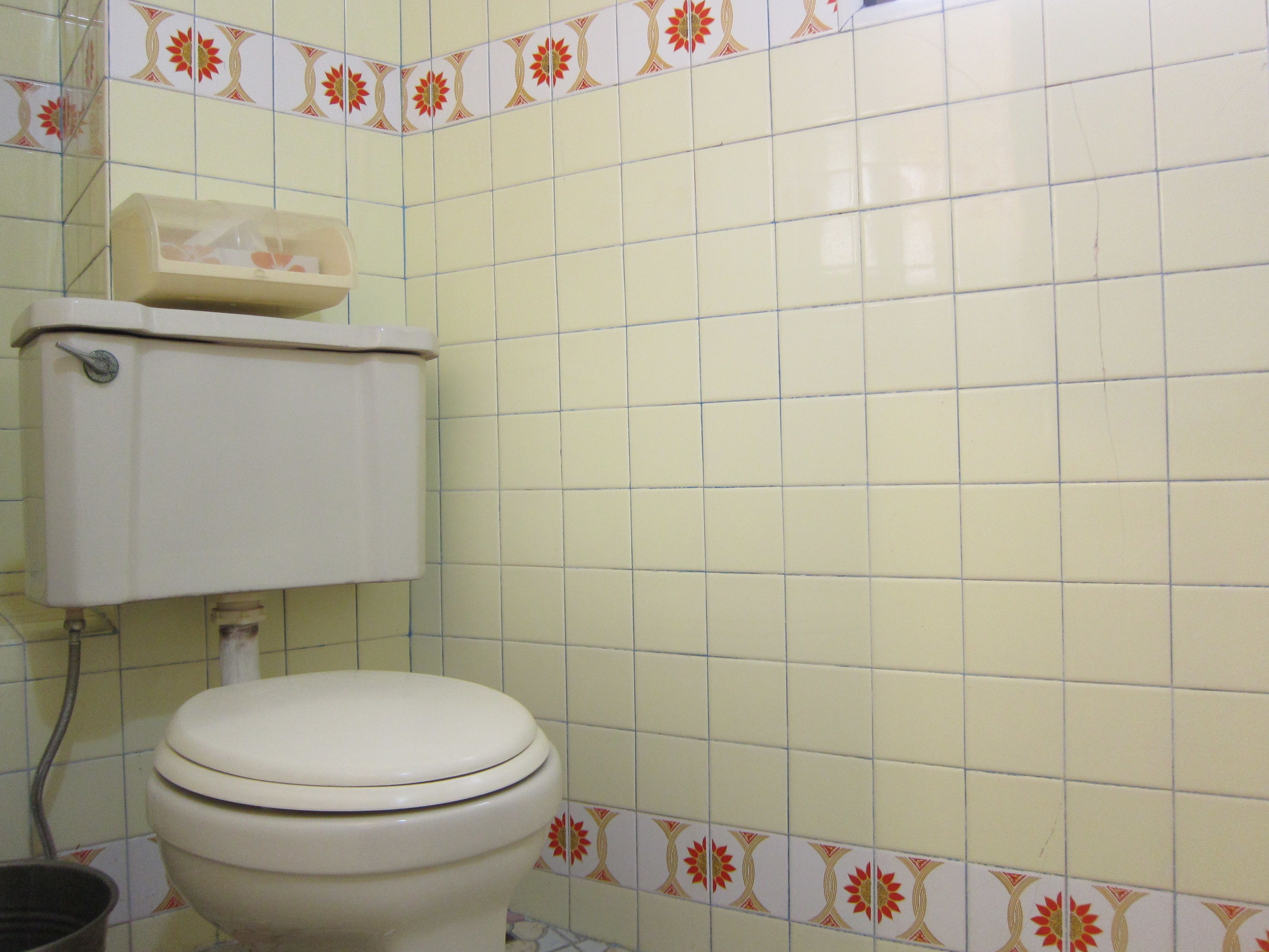 A toilet with a white tank and lid, set against a wall with yellow tiles and a decorative border.