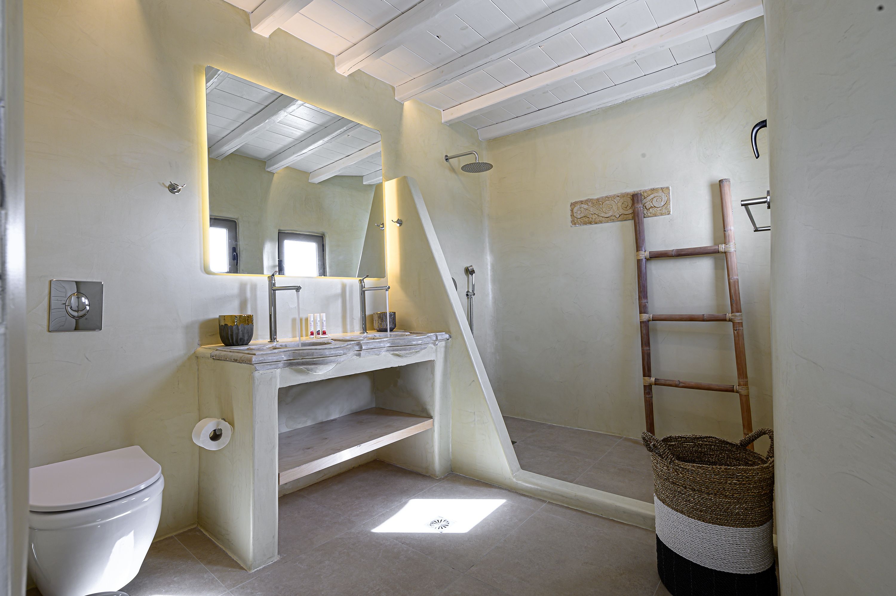 Een badkamer met toilet, wastafel, spiegel, douche en een houten ladder.