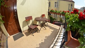 A patio with a wooden door, a small table with two chairs, and potted plants with red flowers.