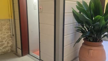 An indoor area with a closed elevator door, a potted plant, and a tiled floor.