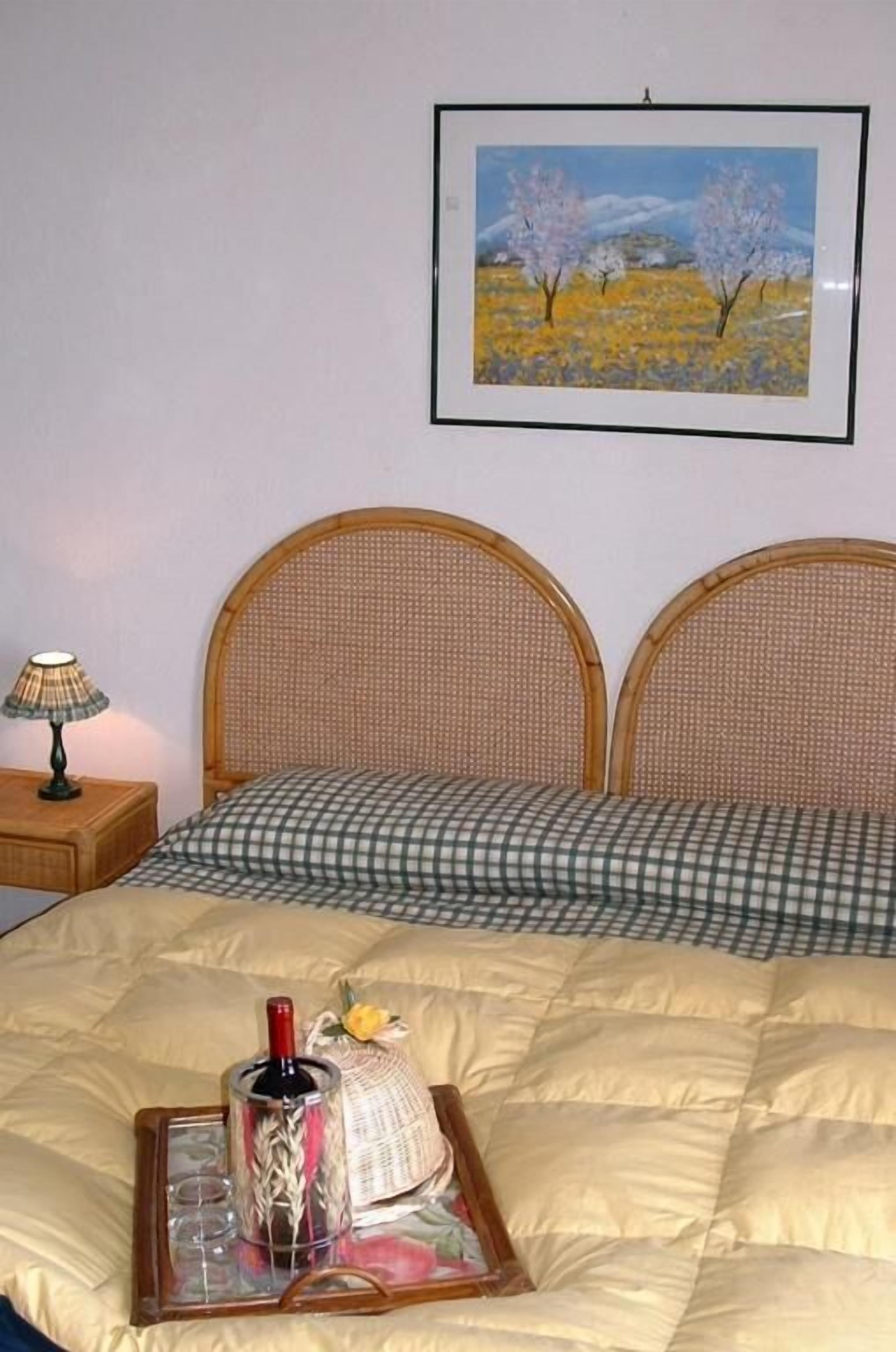 Een slaapkamer met een bed, een nachtkastje met een lamp, een schilderij in een lijst aan de muur en een dienblad met een fles en glazen op het bed.
