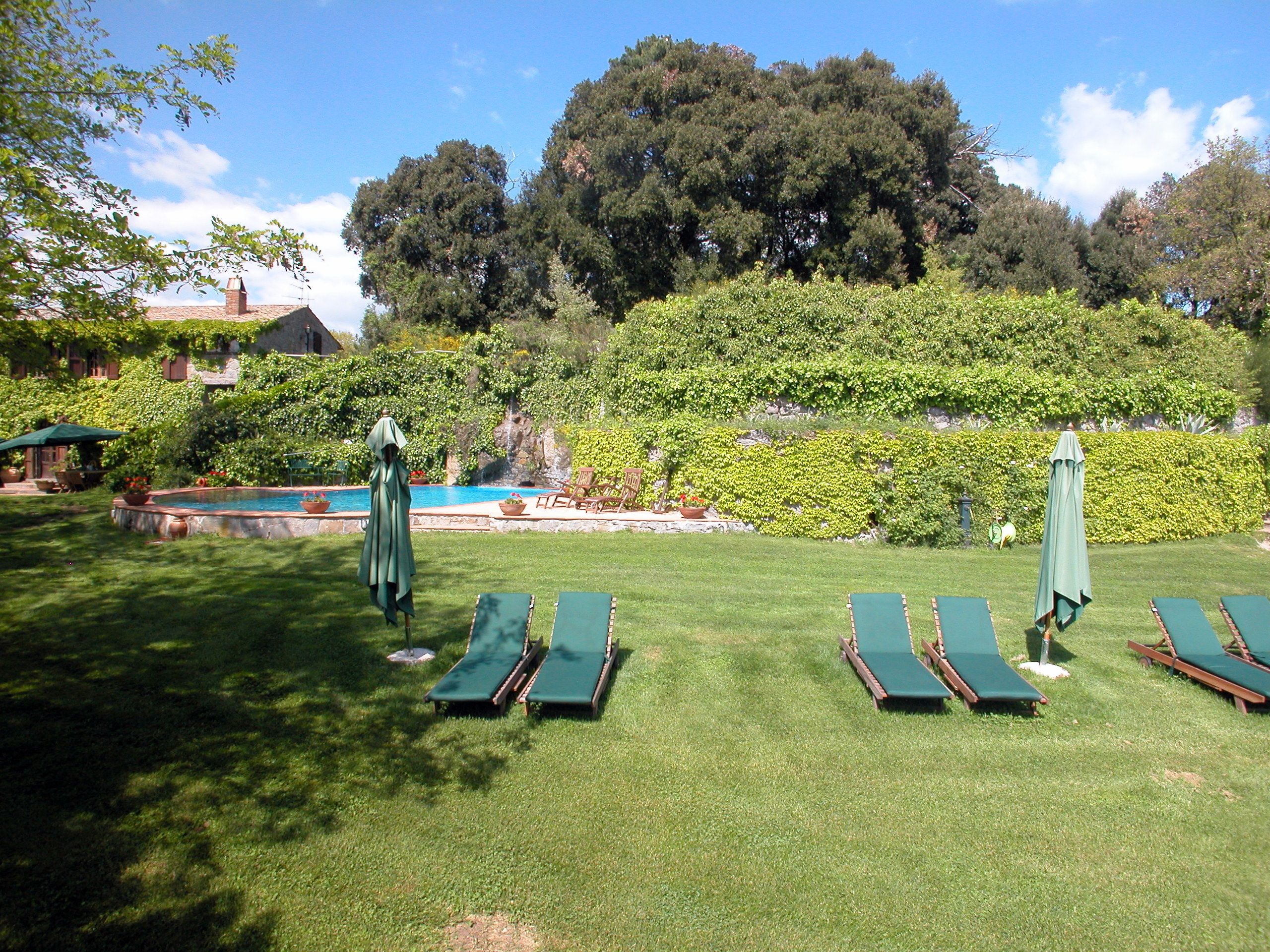 A pool area with lounge chairs and umbrellas, surrounded by lush greenery and trees.