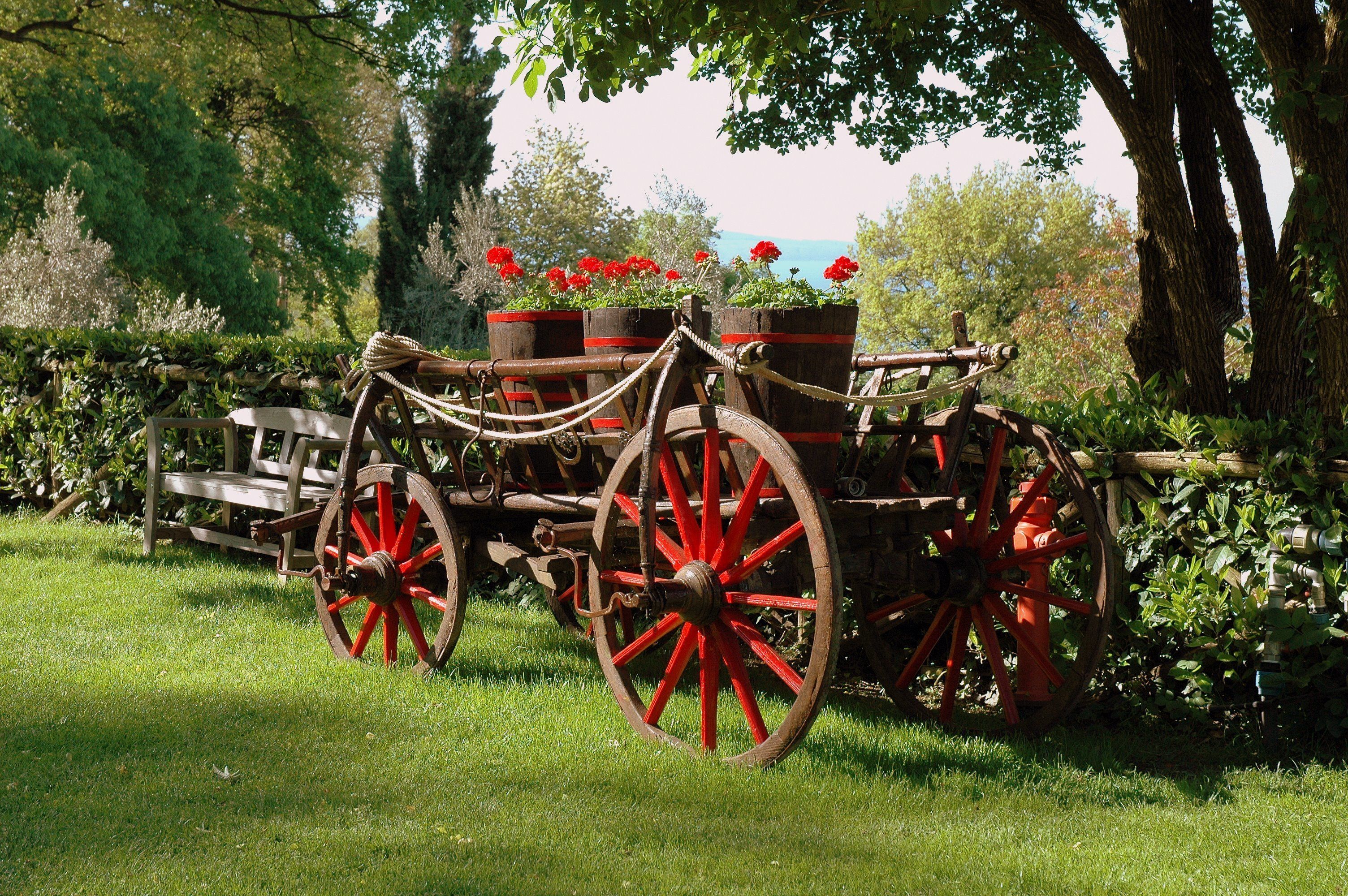 A wooden carriage with red wheels parked in a lush garden.