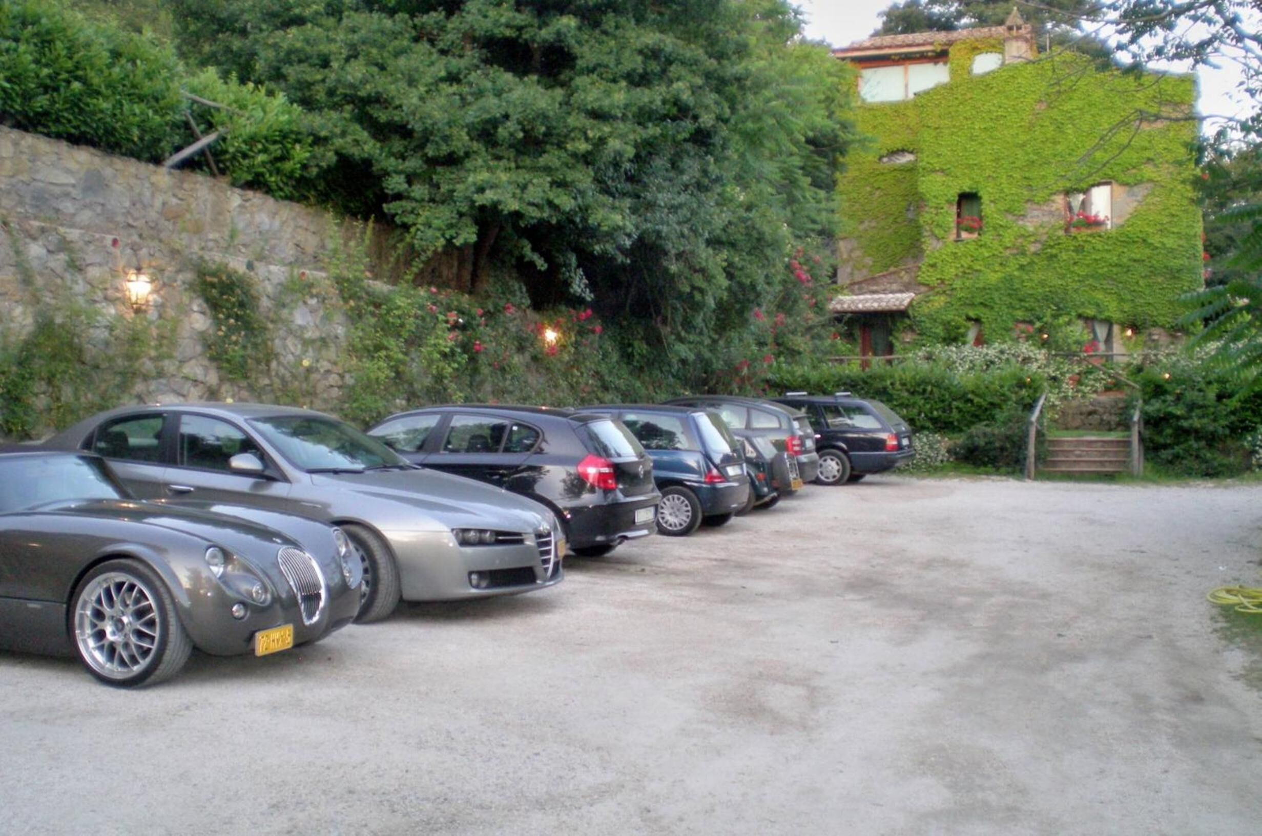 A row of parked cars in a parking lot with a stone wall and greenery on one side.