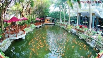 A koi pond surrounded by wooden walkways and red umbrellas, with a building in the background.
