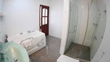 A bathroom with a glass-enclosed shower, a bathtub, and a sink.
