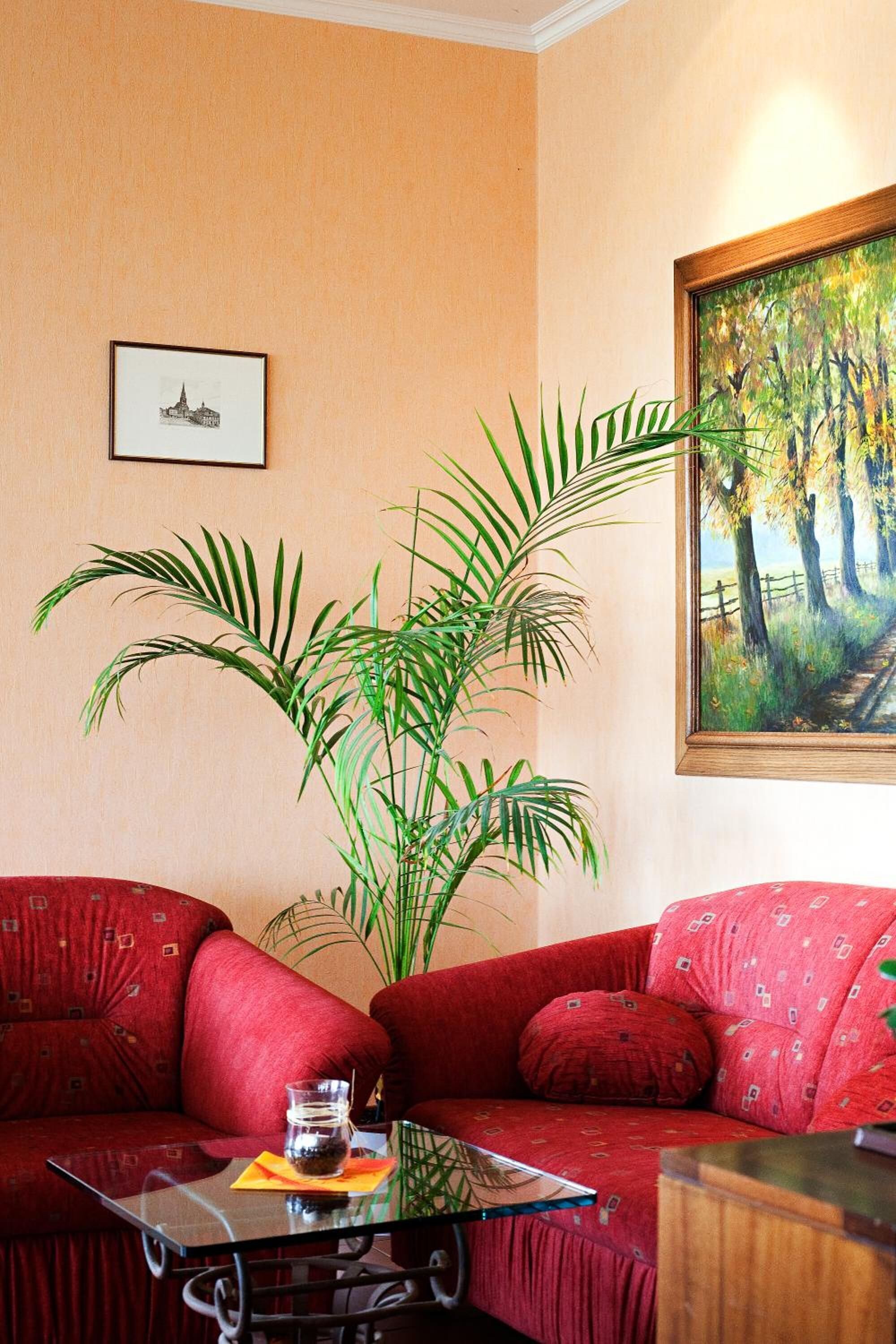 A living room with a red sofa, a glass coffee table, a large plant, and a painting on the wall.