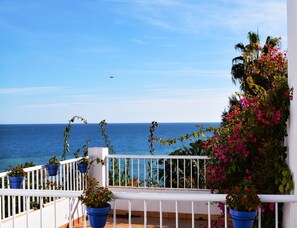 A balcony with potted plants and a view of the sea. - Hostal Tres Soles (Nerja)