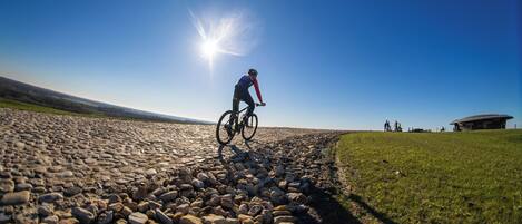 Una persona pedaleando en bicicleta por un sendero pedregoso, con cielo despejado y un edificio al fondo.