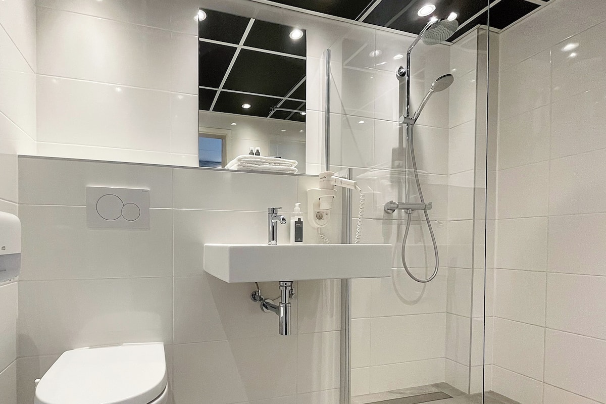 eco-friendly toiletries, hair dryer, towels