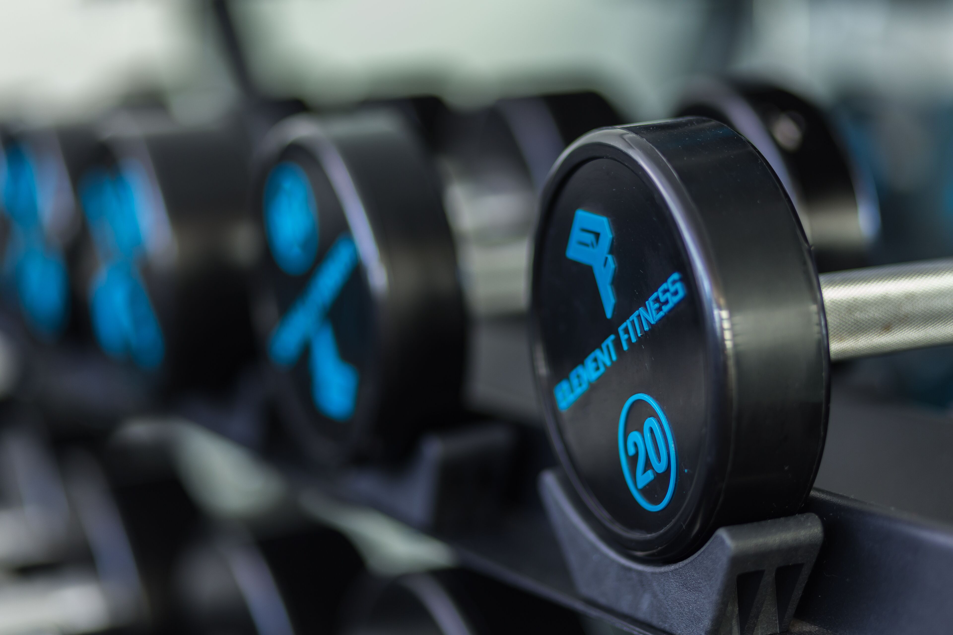 A row of dumbbells with weight markings and symbols indicating different exercises.