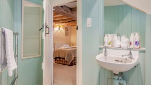 A bathroom with a white sink, a mirror, and a shower area. - Patience - Tiger Inn (Eastbourne)