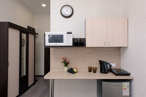 スタンダード ダブルルーム ダブルベッド 1 台ソファーベッド付き 簡易キッチン | デスク、遮光カーテン、防音設備、アイロン / アイロン台