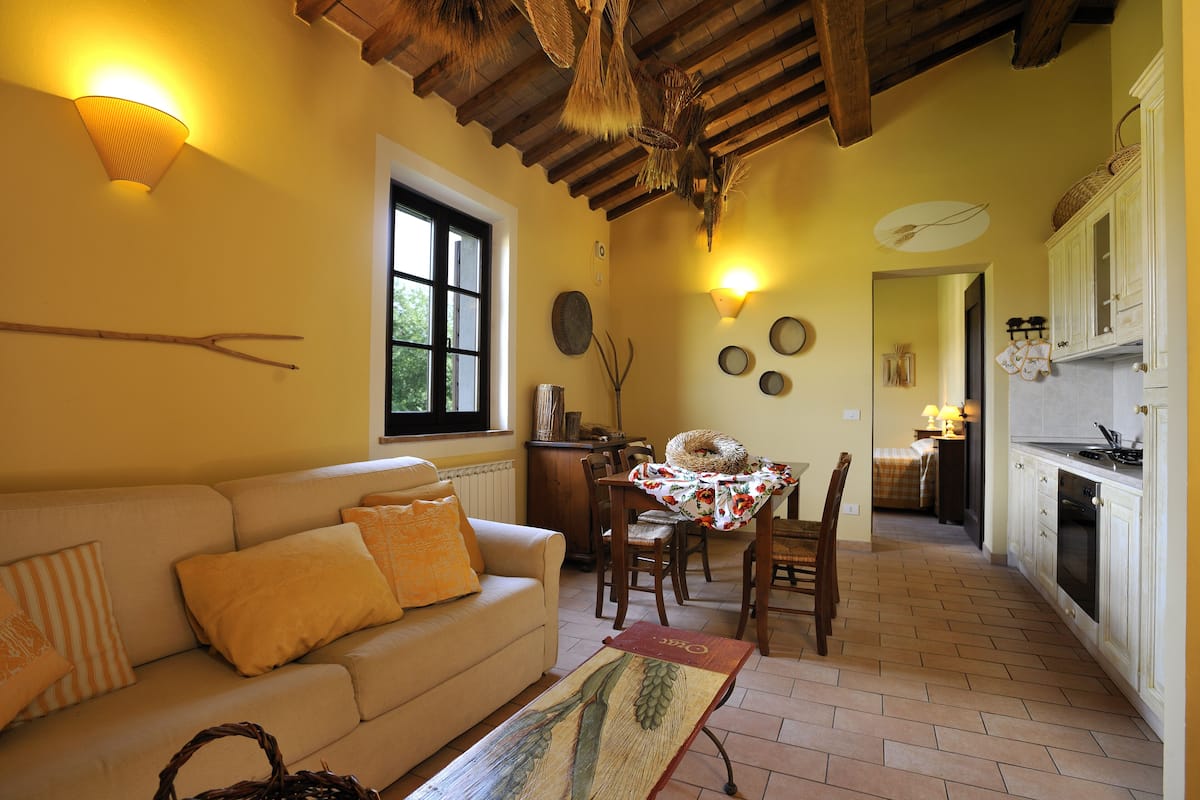 A cozy living room with a sofa, dining table, and kitchen area.