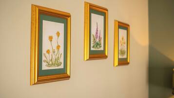 Three framed botanical illustrations on a wall.