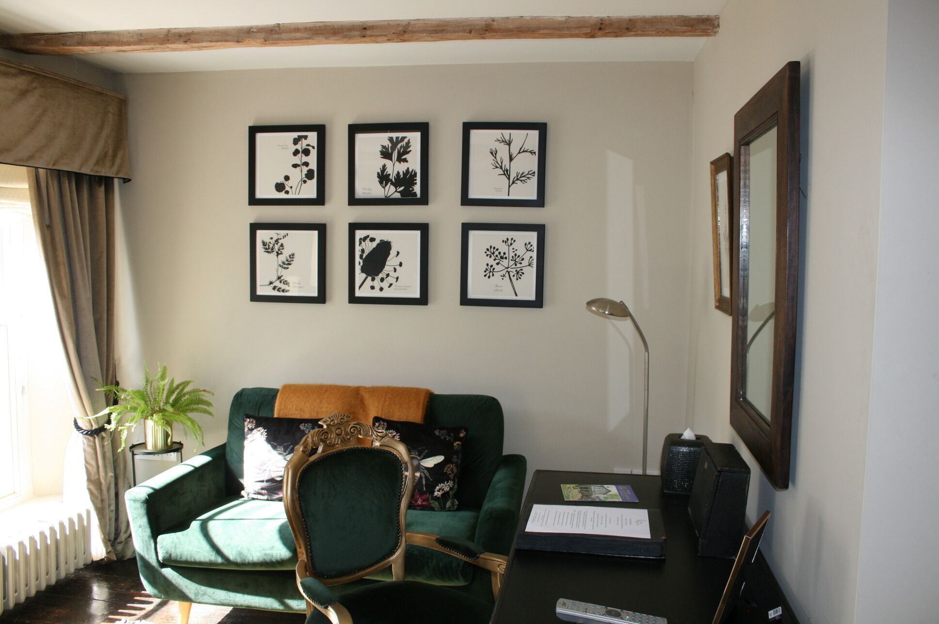 A living room with a green sofa, a wooden chair, a table with a book and a remote control, and six framed botanical prints on the wall.