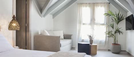 A bedroom with a bed, a sofa, a potted plant, and a flat-screen TV on the wall.