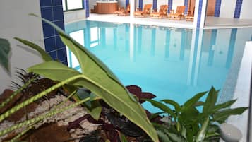 Indoor pool, outdoor pool, open 9:00 AM to 8:00 PM, pool umbrellas