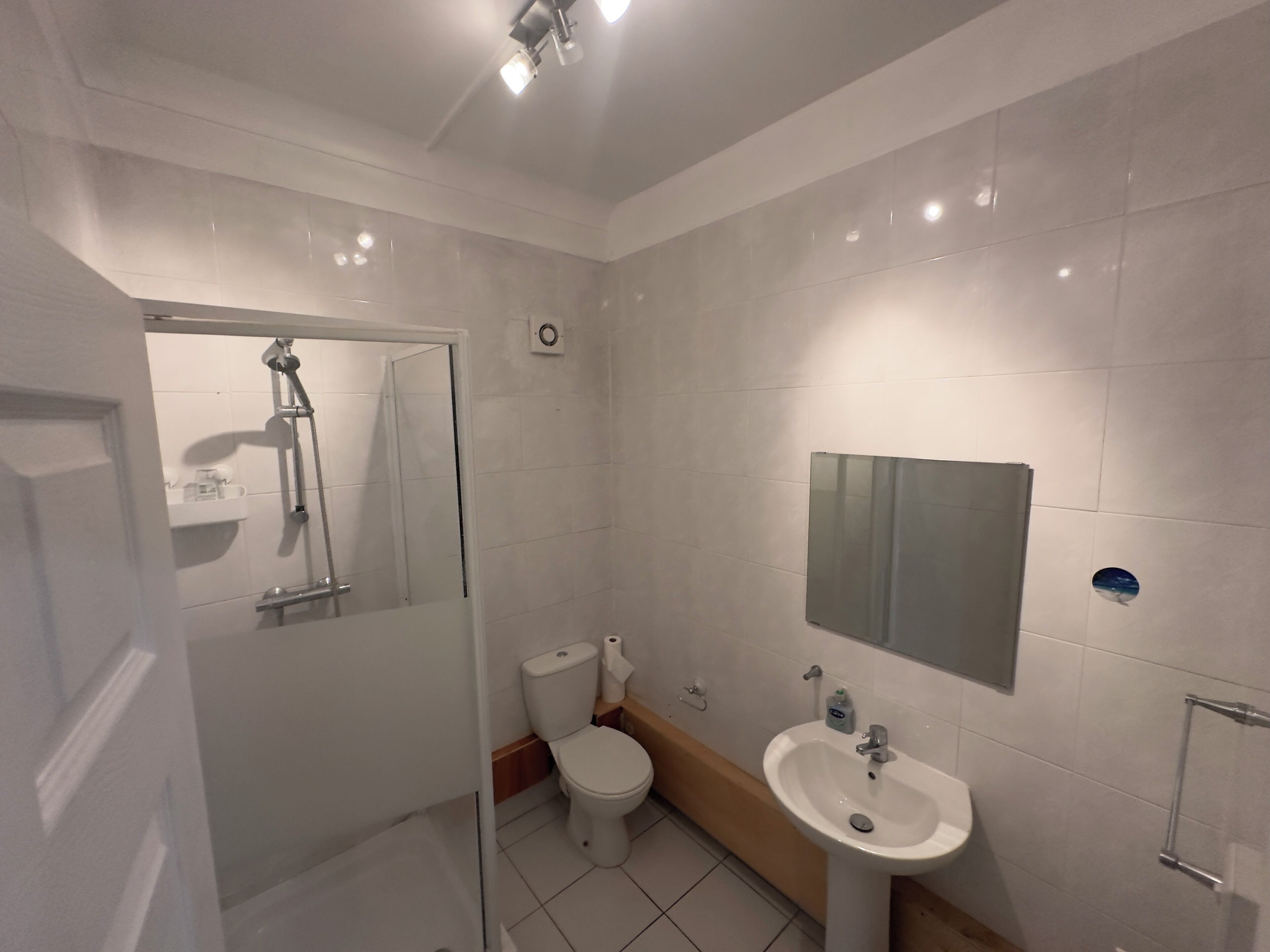 Un baño moderno con ducha de vidrio, inodoro y lavamanos con espejo.