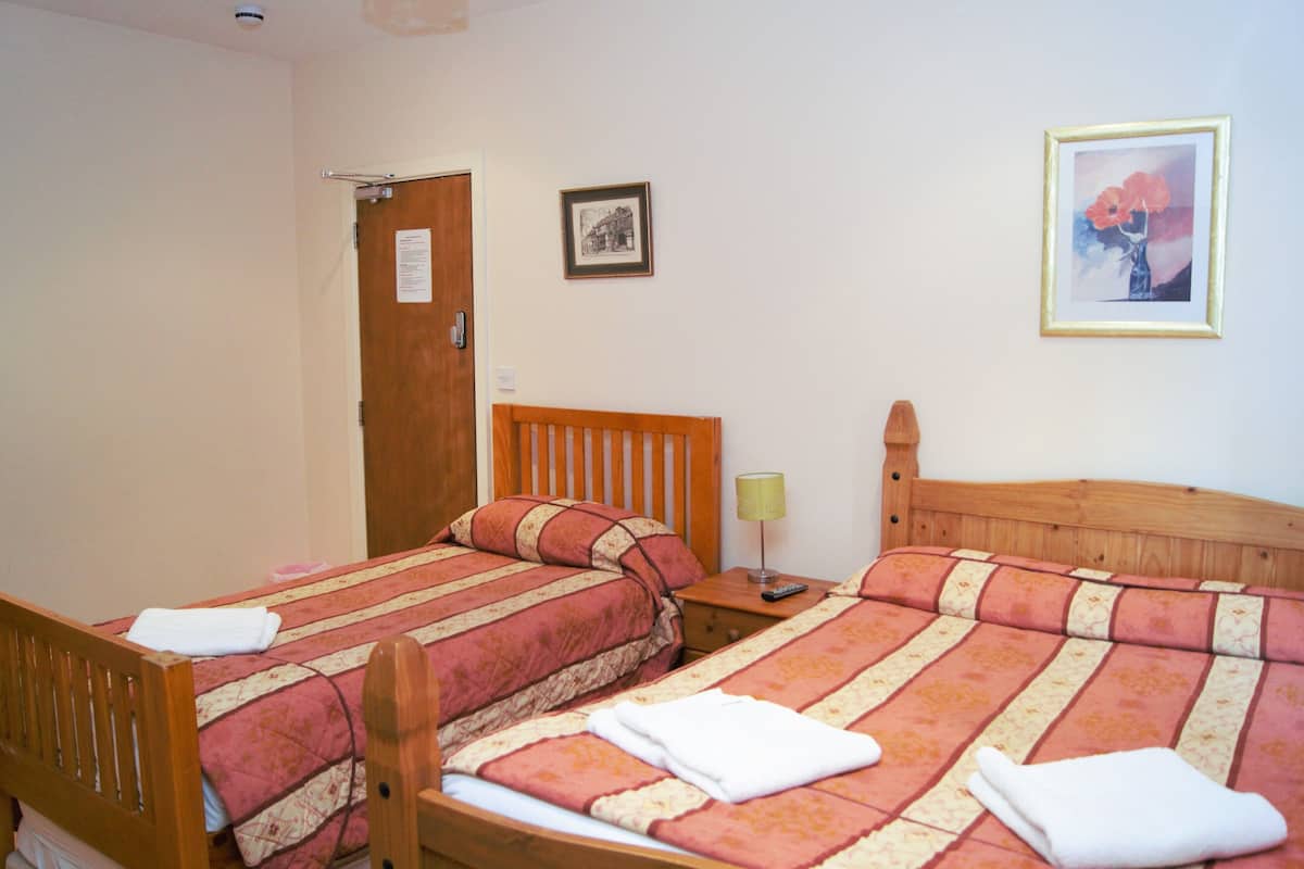 Quarto duplo com duas camas, cada uma com cabeceira de madeira, mesa de cabeceira com abajur e um quadro na parede.