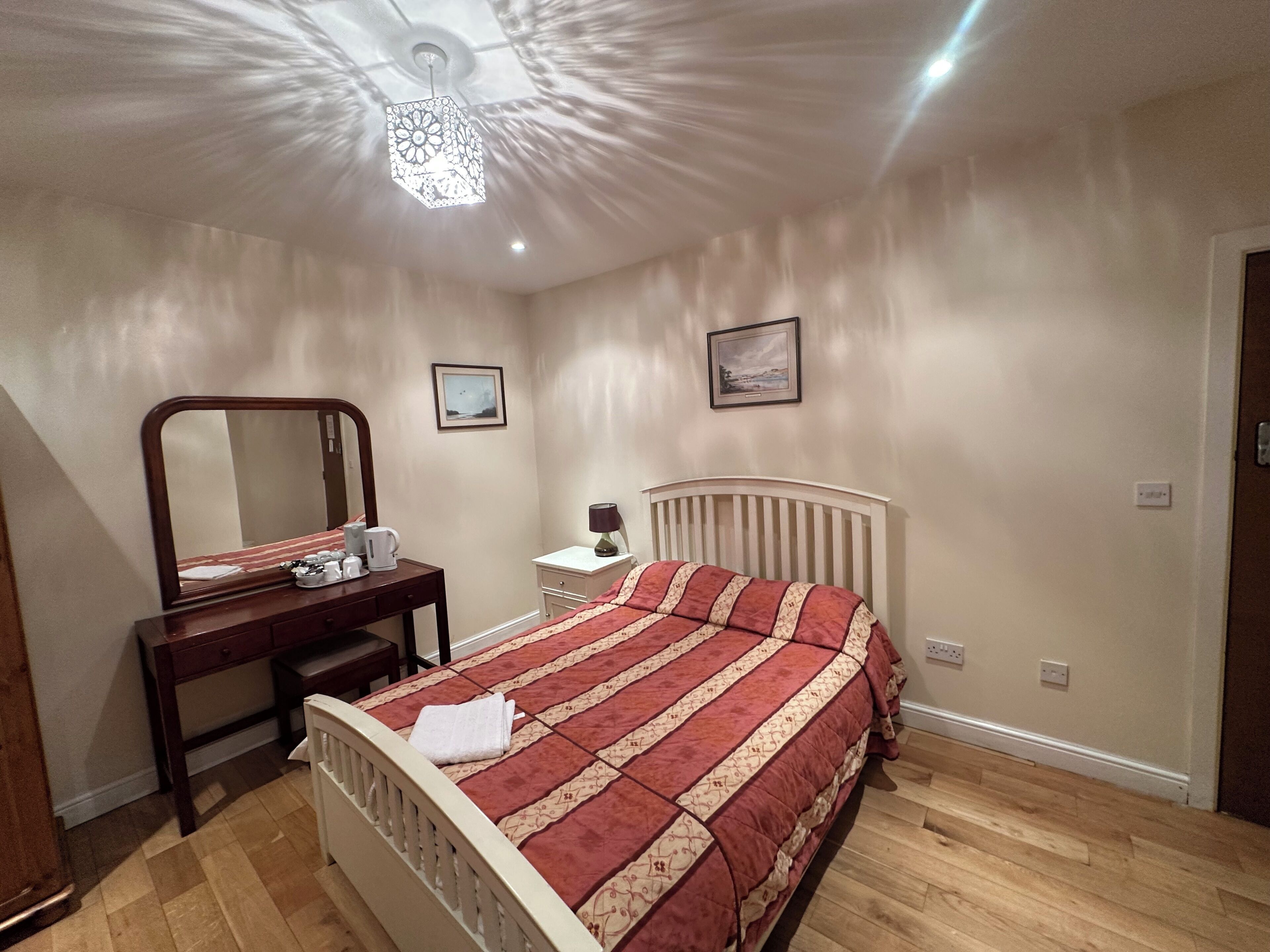A bedroom with a wooden bed, a bedside table with a lamp, a dresser with a mirror, and a ceiling light fixture.