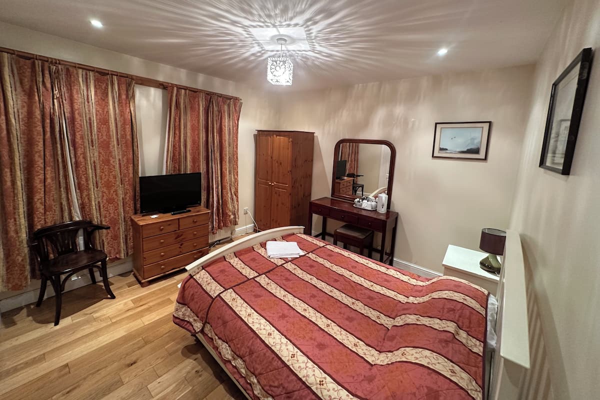 Quarto com cama, televisão, guarda-roupa de madeira, escrivaninha com espelho e quadro na parede.