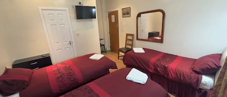 Une chambre d’hôtel avec deux lits, une télévision, un miroir et une porte.