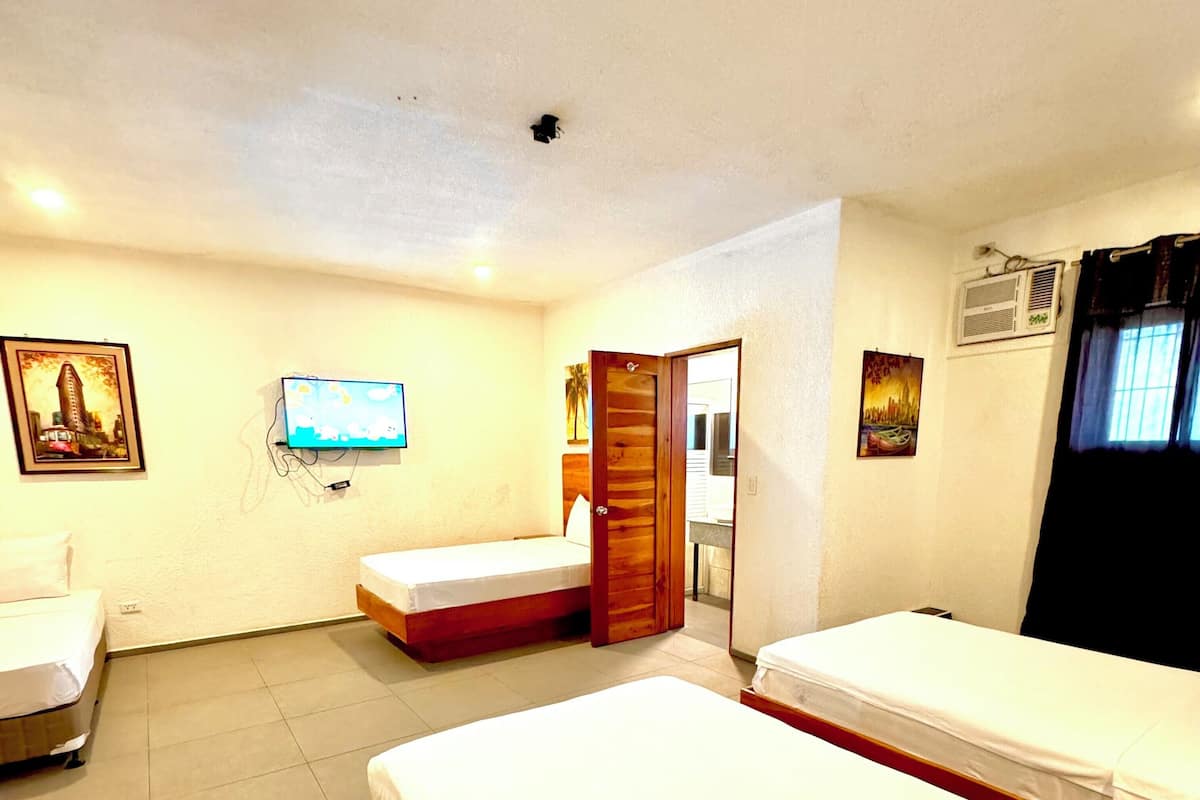 A hotel room with two beds, a television, a painting, and an air conditioning unit.