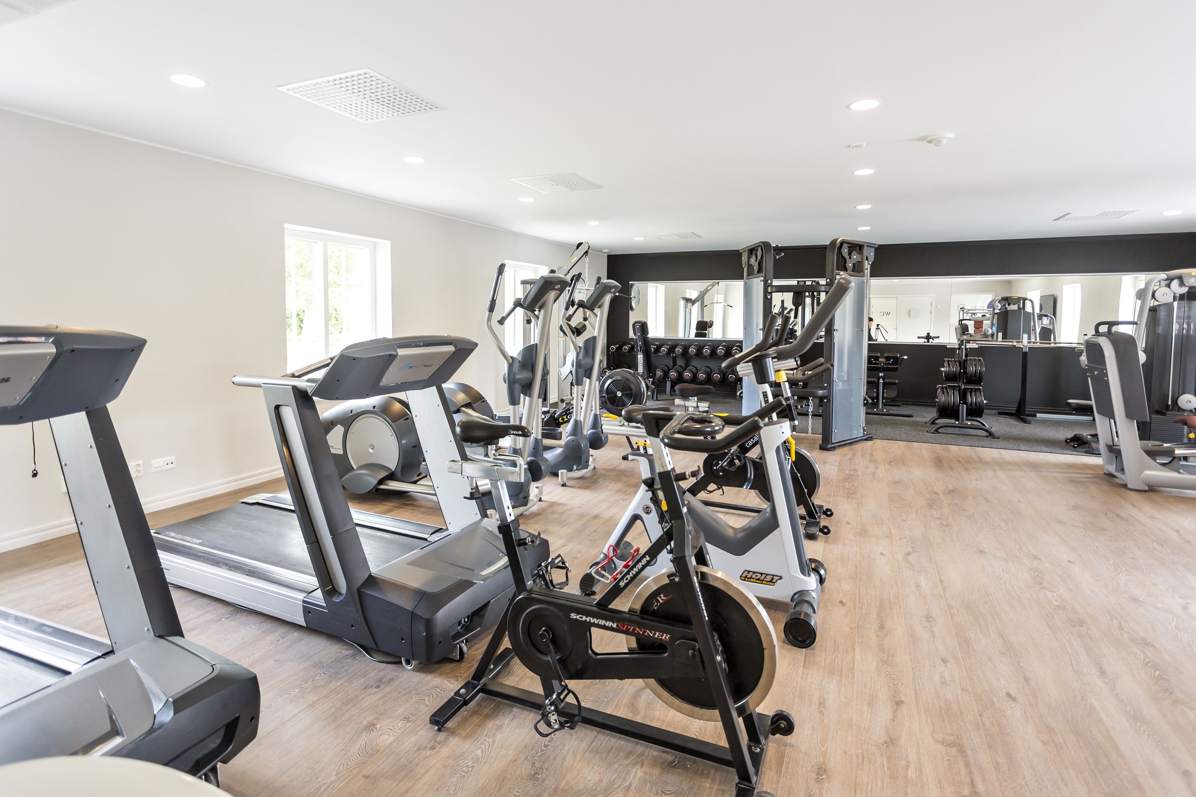 A gym with treadmills, elliptical machines, and weight equipment.