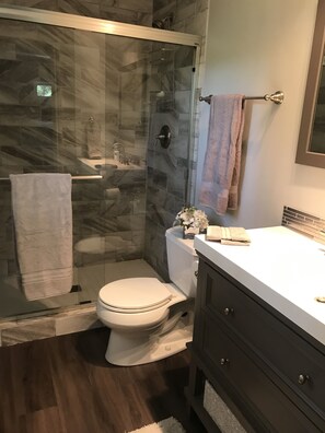 Duschwanne, Haartrockner, Handtücher, Seife