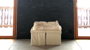 A room with a wooden ceiling, a black brick wall, and a mounted animal head. There is a fluffy beige sofa and a wooden bench. - Chalet - La Tzoumaz (La Tzoumaz)