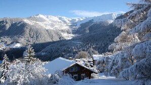 A snow-covered mountain landscape with a cabin in the foreground. - Chalet - La Tzoumaz (La Tzoumaz)
