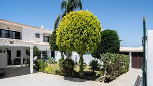 Une cour avec un sol carrelé, un arbre aux branches soigneusement taillées et un bâtiment à la façade blanche et au toit recouvert de tuiles.