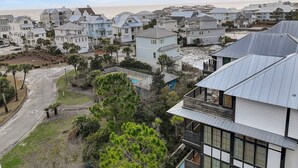 A coastal residential area with houses, a road, and a beach in the background. - Private pool. gulf views, great large Seagrove beach home (Santa Rosa Beach)