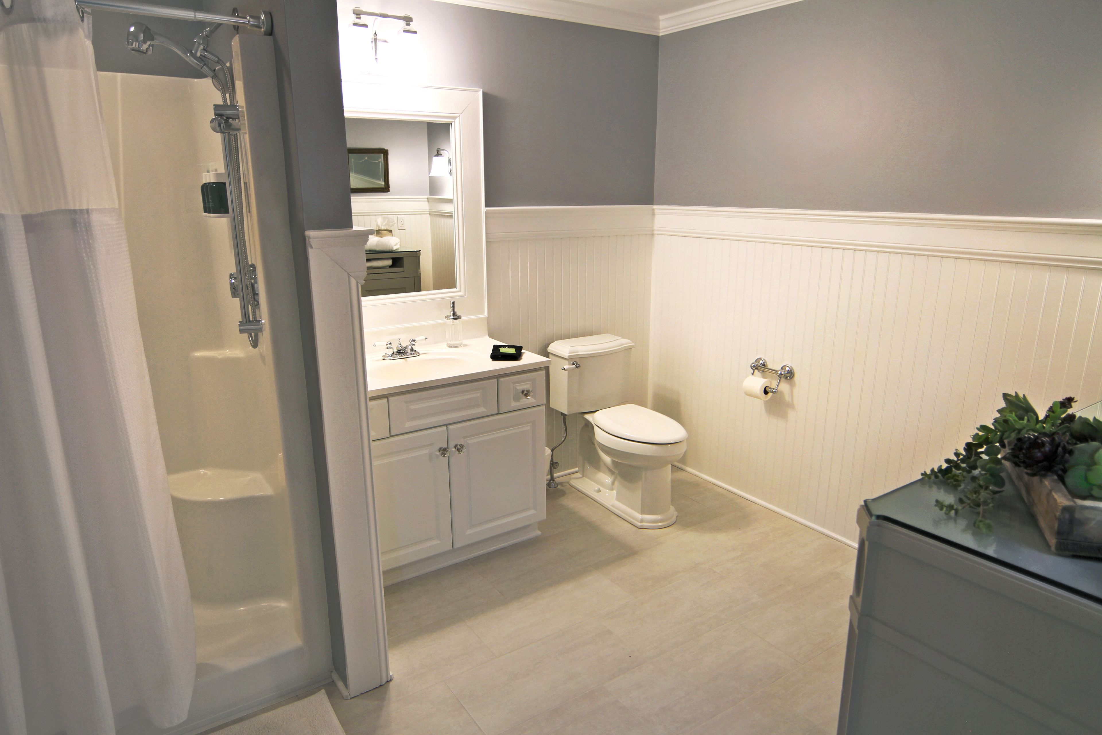 A bathroom with a shower, toilet, and vanity.